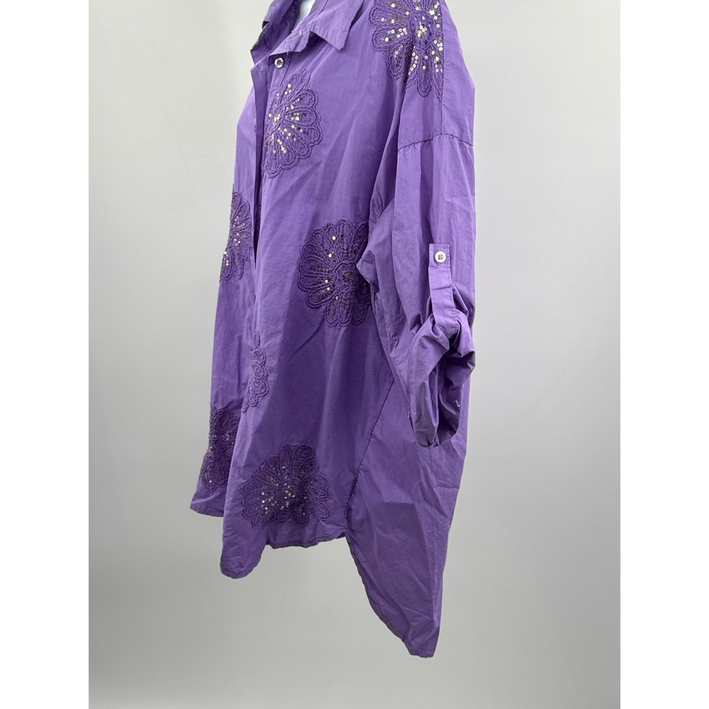 Rosa 99 Style Italy Purple Cotton Floral Sequin Embroidered Button Down Shirt - Picture 4 of 8